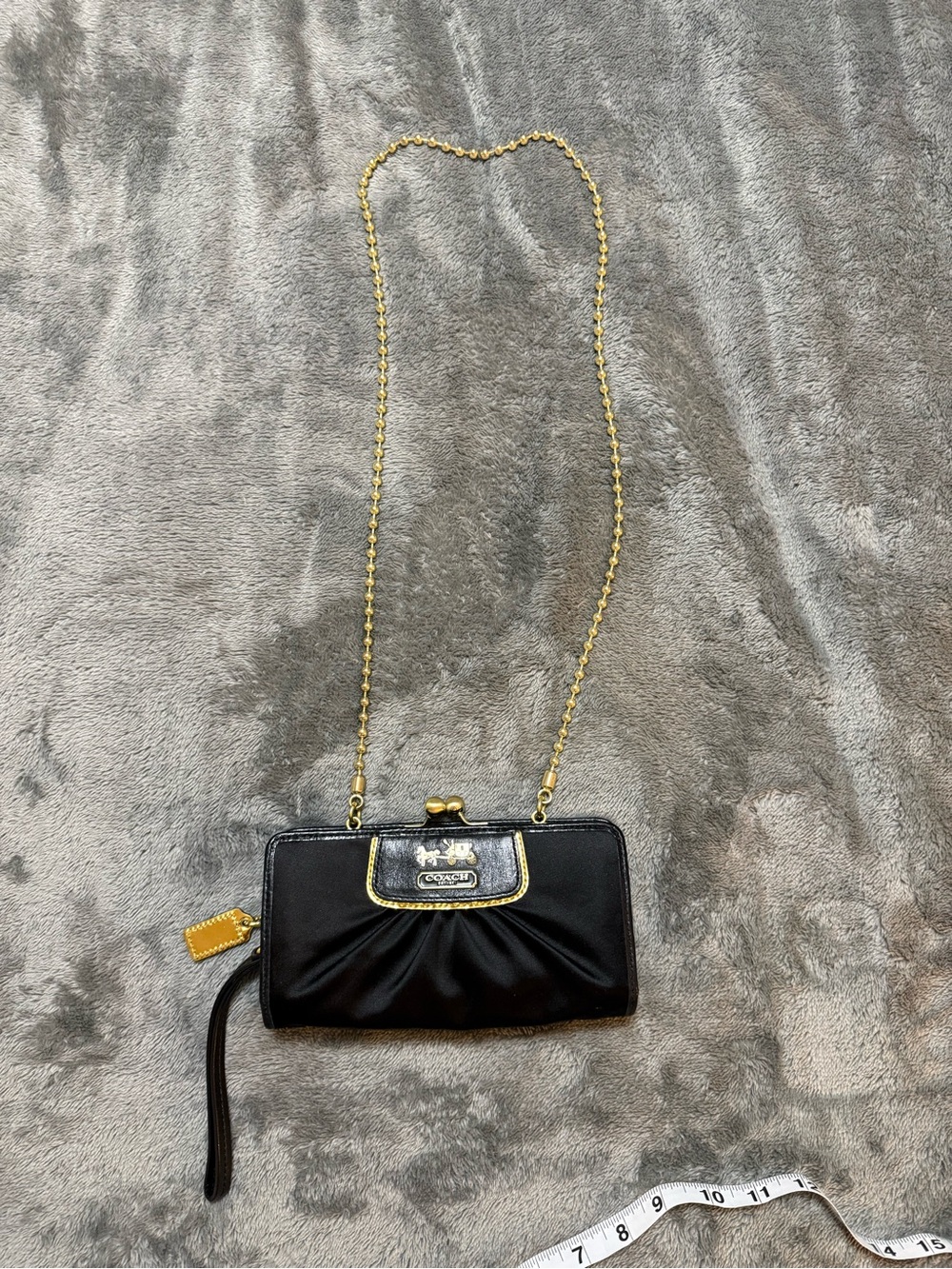 Coach Black Leather Crossbody Wallet with Gold Chain Strap